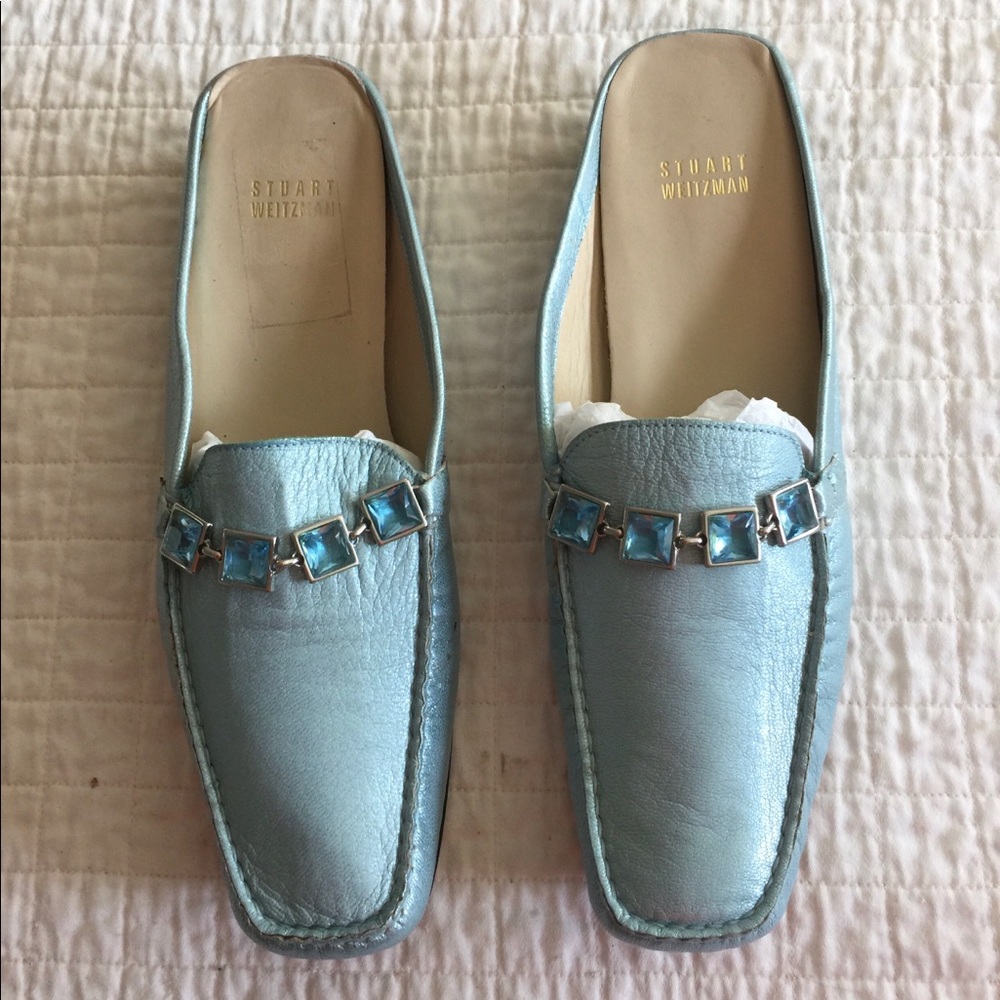 Stuart Weitzman Aqua Leather Slides - image 1